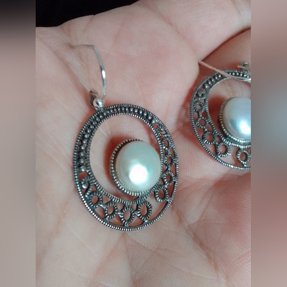 Vintage Sterling Silver Earrings With Real pearl - Picture 2 of 6
